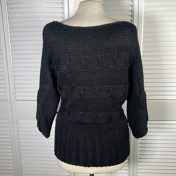 Bebe,Women's Cable-Knit Sweater color:Black, with lurex, size:M. Batwing sleeves - Picture 7 of 9